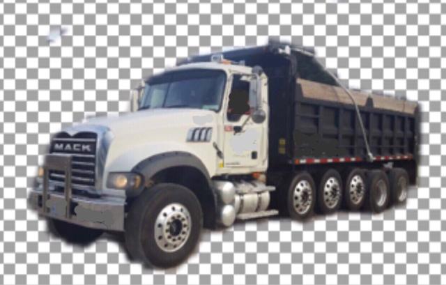 Mack Granite dump truck in-service showing front grille with Mack emblem, white cab, black dump bed, multiple rear wheels, side mirrors, and safety rails.