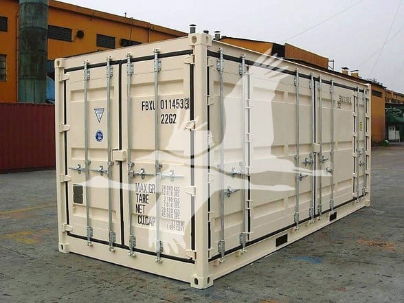 Container trailer bay showing standard cargo container with corner fittings and locking bars.