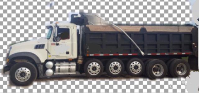 Dump truck showing Mack Granite chassis with white cab and black dump body.