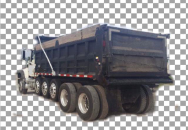 Dump truck in-service Mack Granite dump truck with multiple rear axles and a dark blue bed.