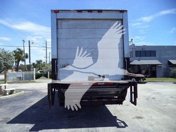 Rear view of a reefer truck trailer with white winged bird graphic on the doors.