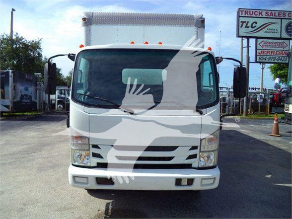 Isuzu NRR box truck front view with windshield and headlights visible.