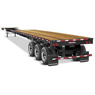 Fontaine XCALIBUR extendable flatbed trailer showing rear and extendable frame with triple axles and reflective safety markings.