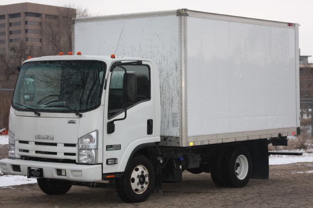 Isuzu NPR-HD box truck with a white cab and large aluminum box cargo area, front view angled, with stock number 19011 not visible on the truck.