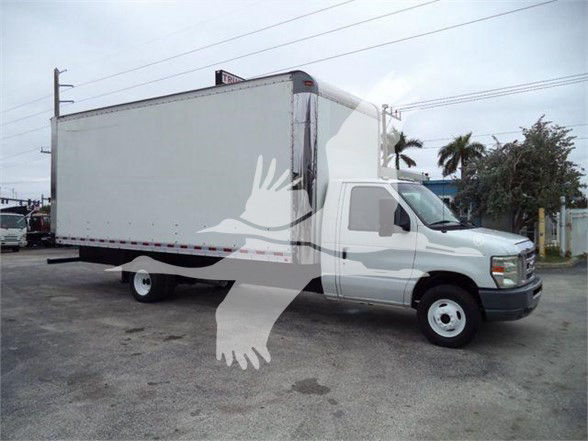 Ford E450 box truck showing cargo box and cab with white color.