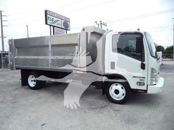 Isuzu NPR HD dump truck in side view showing cargo bed and cab.