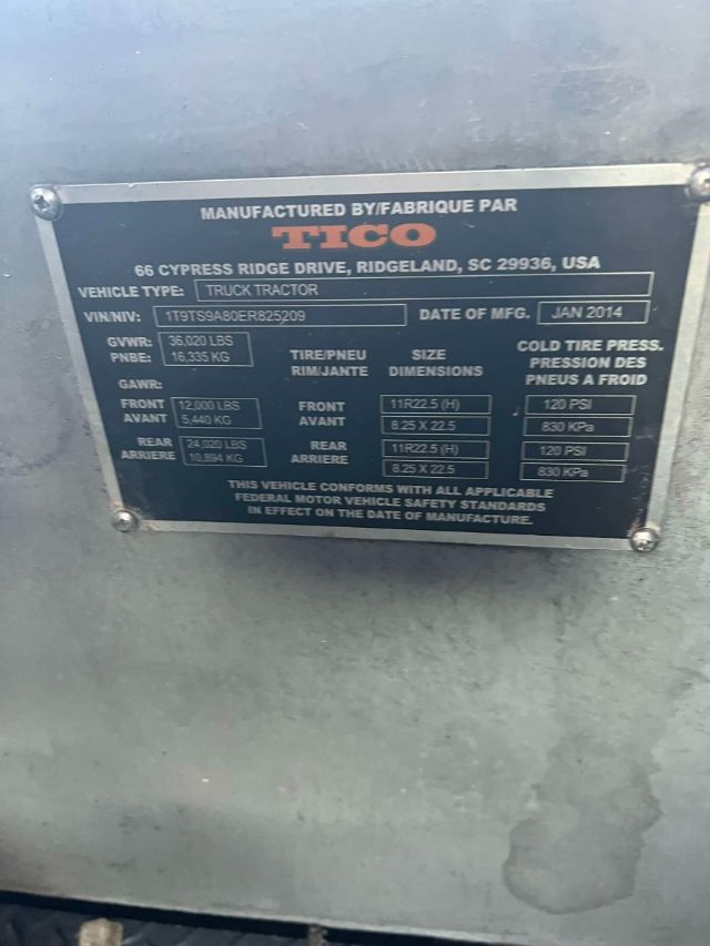 Plate on a TIco PROSPOTTER showing manufactured by Tico, Ridgeland, SC with VIN 1T9TS9A80ER825209 and Jan 2014 date of manufacture; vehicle type truck tractor; GVWR 35,020 lbs; FGA front 12,000 lbs; rear 24,000 lbs; tire/rim size 11R22.5; c