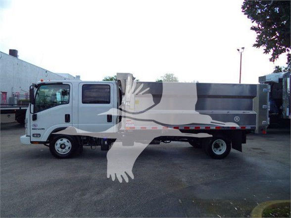 Isuzu NPR HD dump truck side view showing cargo bed and cab with stock number NPRCREWDUMP2 in a lot.