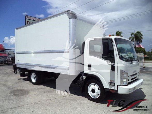 Box truck with white cab and large rectangular cargo area, Isuzu NPR HD, stock photo from TLC Truck & Equipment.