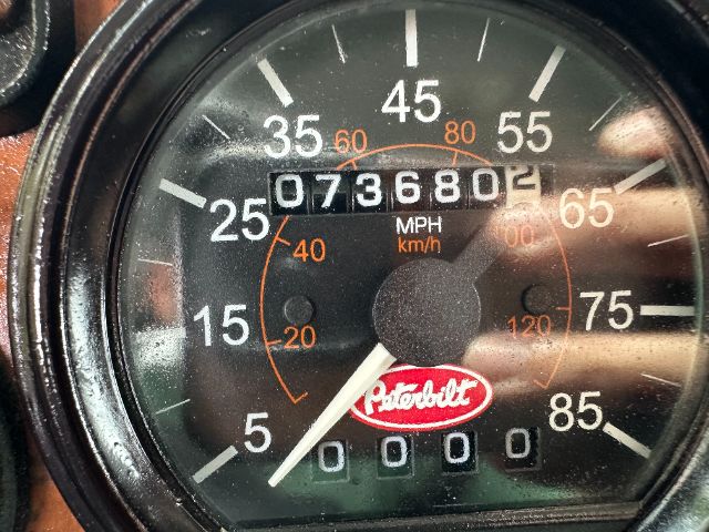 Peterbilt dashboard speedometer with odometer reading 073680 miles and Tachometer-like numbers in white, with Peterbilt logo at center.