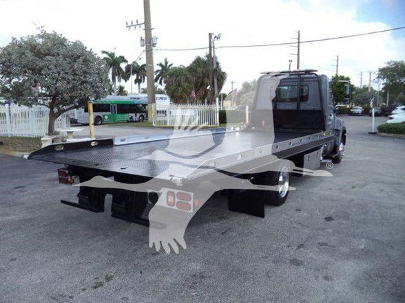 2014 Hino 258ALP flatbed tow truck rear and side view.