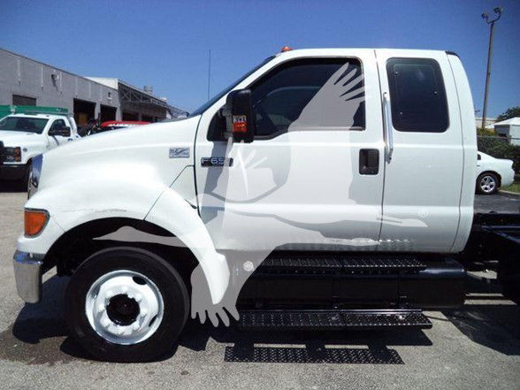 Ford F-650 XLT crew cab side view showing truck chassis and steps under the cab.