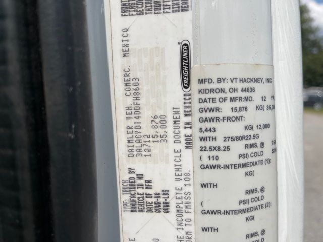 Vehicle label on Freightliner M2 showing manufacturing and GVWR details with Bertmark fonts; includes MFD BY VT Hackney Inc., Kidron OH, 44636, GAWR, and tire specs.