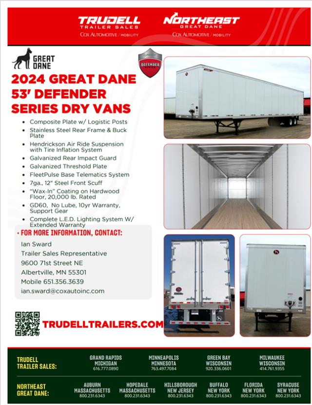 Great Dane 2024 53' Defender Series Dry Vans spec sheet image with text listing features: Composite plate w/ logistic posts, stainless steel rear frame & buck plate, Hendrickson air ride suspension, galvanized rear impact guard, galvanized 
