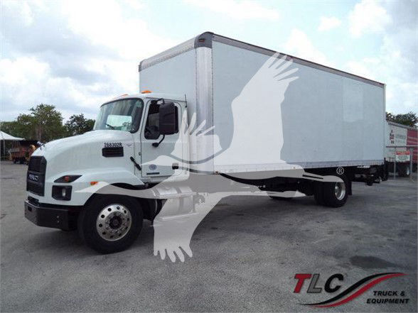 Box truck showing white Mack MD7 cab and a large rectangular cargo box with TLC Truck & Equipment watermark.