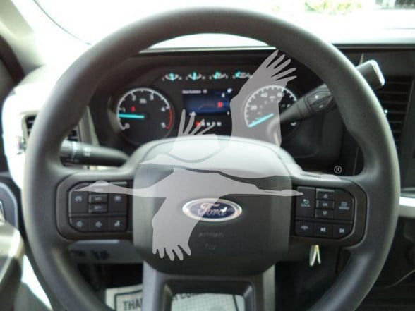 Ford F-450 steering wheel and dashboard view with Ford emblem visible