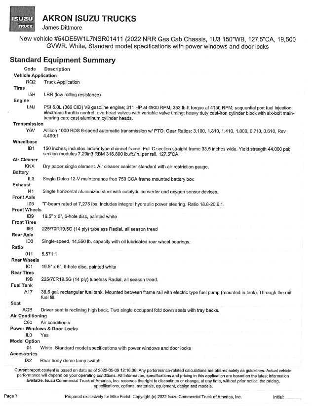 Isuzu AKRON TRUCKS specifications sheet for 2022 NRR Gas Cab Chassis with engine, transmission, axle, tires, wheels, fuel tank, and seating details.