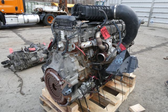 Detroit DD15 engine core mounted on wooden pallet with attached turbocharger and hoses, tag labels, and transmission in background.