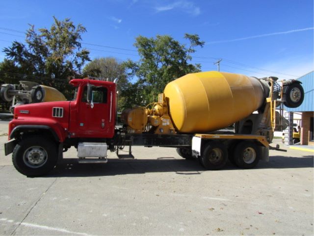 Concrete mixer truck with red cab and yellow drum, side view.