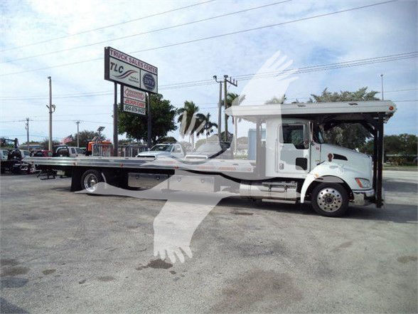 Kenworth T370 tow truck with flatbed, side profile, white cab, extended flatbed, Tow category, stock KW4CARCARRIER.