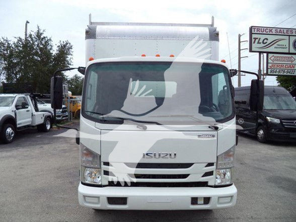 Isuzu NPR HD box truck front view showing grille with ISUZU emblem, headlights, and front bumper.