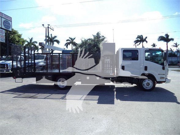 Isuzu NPR HD tow truck with flatbed in a lot, white cab, black flatbed, palm trees in background.