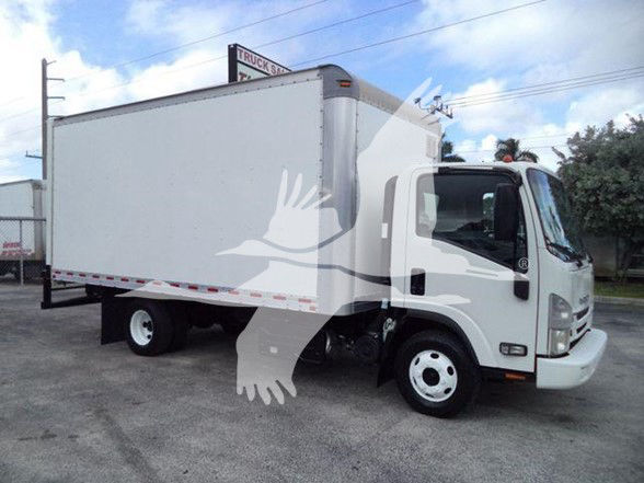 Isuzu NPR HD box truck with white cab and large rectangular box body, stock number T11138FM, side profile view.
