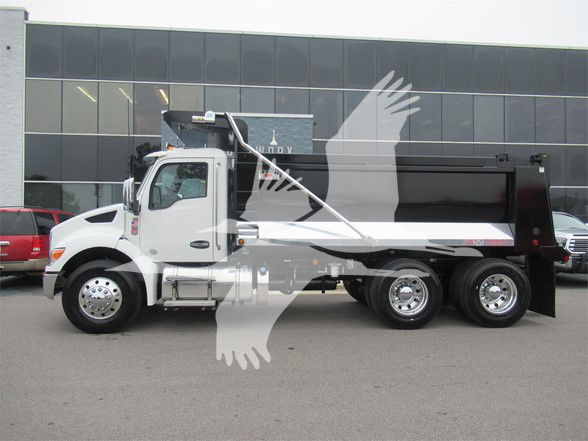 Kenworth T480 dump truck in white, side view showing dump body and dual rear axles.