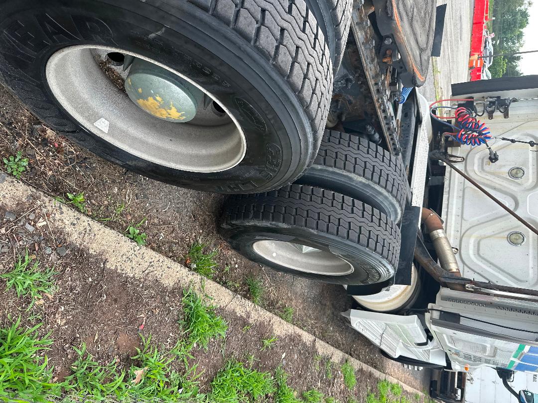 Truck rear view showing dual rear tires on Freightliner Cascadia, with visible wheel rims, tire treads, and underbody components.