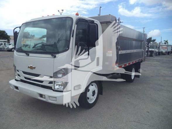 Chevrolet W4500 dump truck side view showing cab and dump bed with mesh top and reflective stripes.