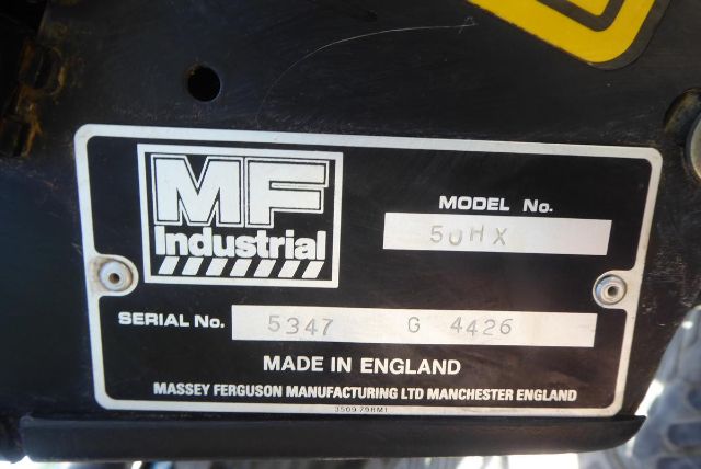 Massey Ferguson Industrial plate on equipment showing model No. 50HX, Serial No. 5347 G 4426, Made in England, MF logo.