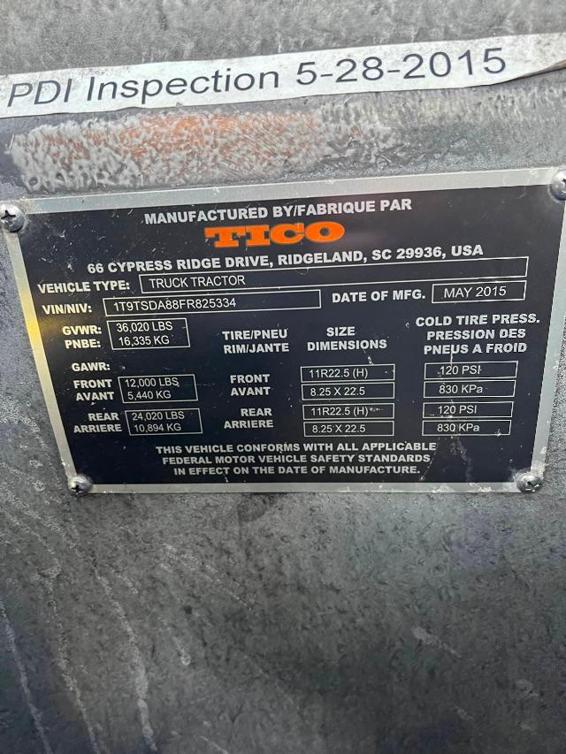 Plate showing manufacturing and specifications for a TICO vehicle. Title: Manufactured by/fabriqué par TICO. Address: 66 Cypress Ridge Drive, Ridgeland, SC 29936, USA. Vehicle type: Truck Tractor. VIN/IV: 1T9T5DA88F2S?; Date of MFG: May 20