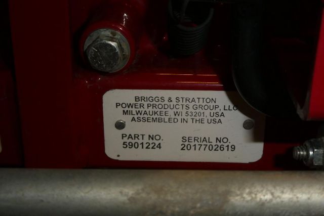 Label on Briggs & Stratton power products group unit showing Part No. 5901224 and Serial No. 2017702619, assembled in the USA.