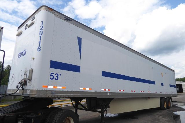 Great Dane 53' trailer with blue graphics and 120116 number on the back, 53' long, on a dual-axle truck trailer chassis.