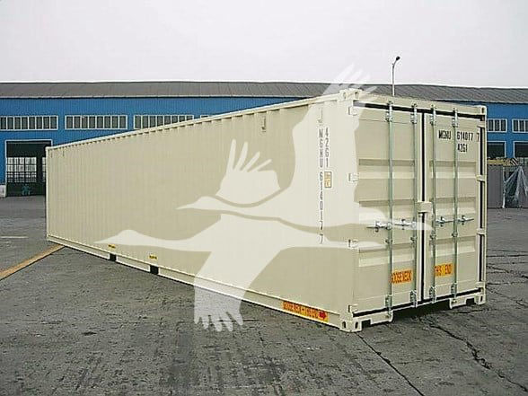 Container trailer showing dual rear doors with locking bars and identification numbers on the doors.