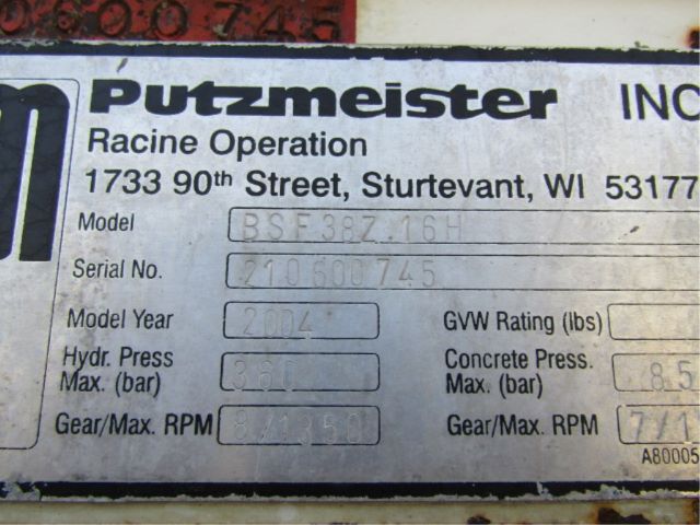 Nameplate showing Putzmeister Racine Operation label with Model BSF3Z.16H, Serial No. 210600745, Model Year 2004, hydraulic pressure max 350 bar, gear RPM fields.
