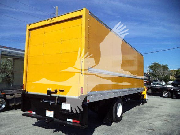 Box truck cargo area of a yellow 2019 International DURASTAR 4300 with stock number T14931 and VIN 1HTMMMML6KH514931.