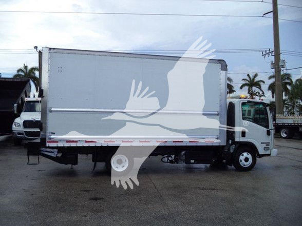 Isuzu NPR HD box truck side view showing cargo box and cab with stock number T05048FM.