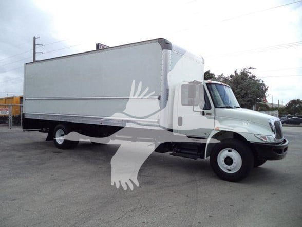 Box truck with a large cargo box on a International DURASTAR 4300 chassis. Visible front cab, large side cargo box, blank white exterior.