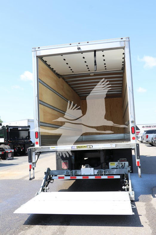 Truck box rear view showing empty cargo area with wooden walls and a fold-down rear ramp; HINO branding not visible; taillights and hydraulic lift mechanism visible.