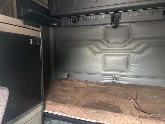 Freightliner Cascadia 125 sleeper cab interior cargo area with brown blanket on bed and gray upholstery.