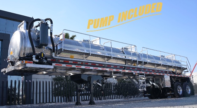 Trailers: 2025 Truxton aluminum non-code vacuum trailer with pump included, side view showing cylindrical tank and ladder."