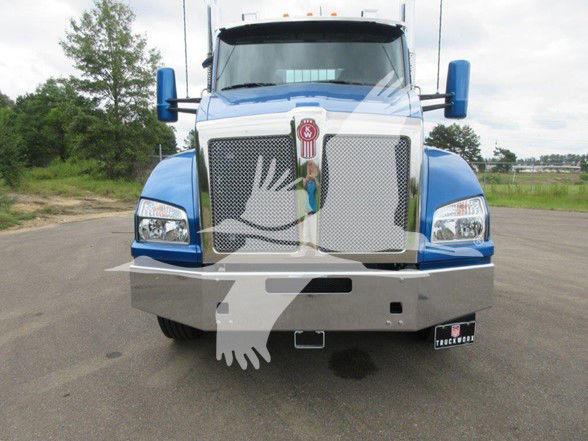Kenworth T880 front view showing large chrome grille and blue cab, stock number TJ219885LM, conventional daycab truck.