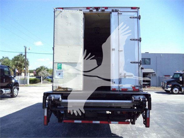 Rear view of a refrigerated box truck with open rear doors, stock number 180161R, VIN visible, reefer truck