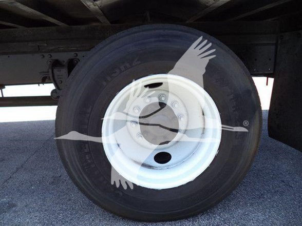Wheel and tire on a trailer showing white steel rim and black tire with visible hub bolts.