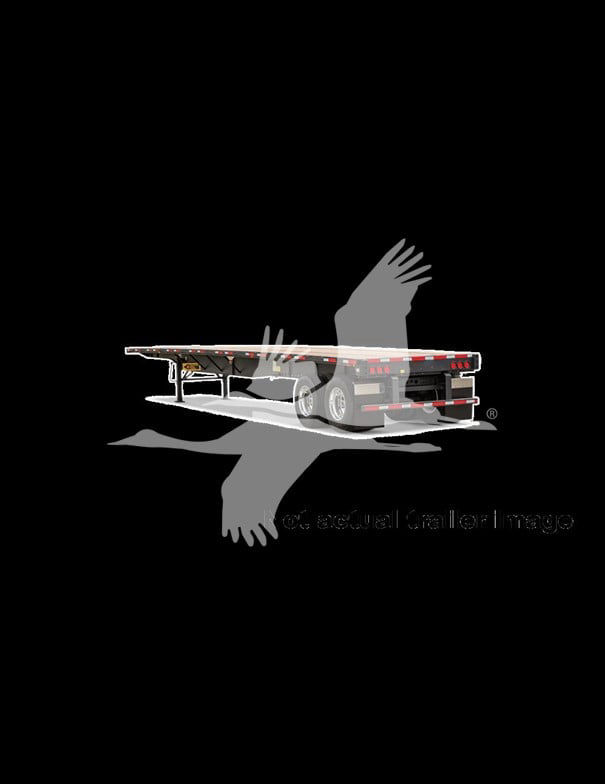 Flatbed trailer with steel deck and dual rear axles, side rails, and pin legs, shown in side view against black background.