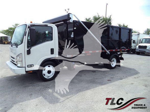 Isuzu NRR refuse truck with black dump body and white cab, side view.