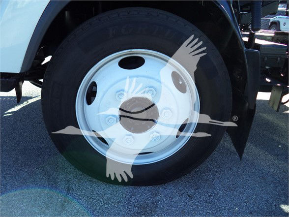 Isuzu NRR truck front wheel and tire with white steel rim in view.