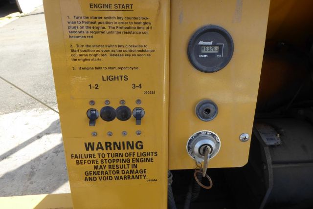 Allmand Night Lite Pro control panel showing engine start instructions, hour meter, and warning label. Visible text includes ENGINE START, LIGHTS 1-2 3-4, WARNING, FAILURE TO TURN OFF LIGHTS BEFORE STOPPING ENGINE MAY RESULT IN GENERATOR DA