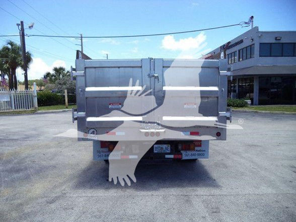 Isuzu NQR dump truck rear showing double cargo doors and bumper; visible stickers on tailgate; street scene.